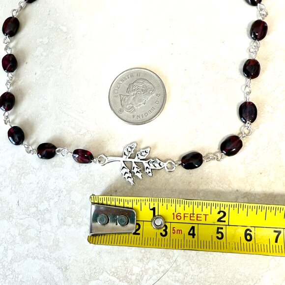 Genuine Garnet Short Necklace, Natural Gemstone w/ Leaf Branch Pendant - Picture 13 of 15